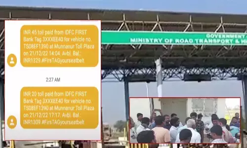 A group of 60 to 70 people staged a protest at a toll plaza near Munnanur village in Midjil Mandal of Mahabubnagar district on Saturday.