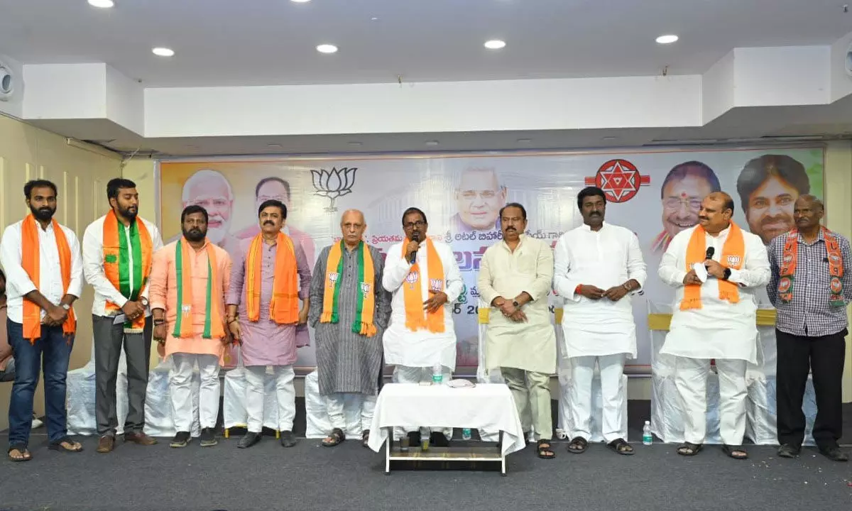BJP and Jana Sena leaders taking part in the birth anniversary celebrations of former Prime Minister Atal Bihari Vajpayee in Vijayawada on Sunday