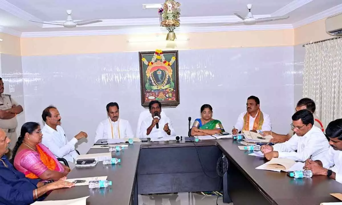 Puthalapattu MLA M S Babu speaking at the coordination committee meeting at Kanipakam temple on Monday to discuss the arrangements for January 1 and 2