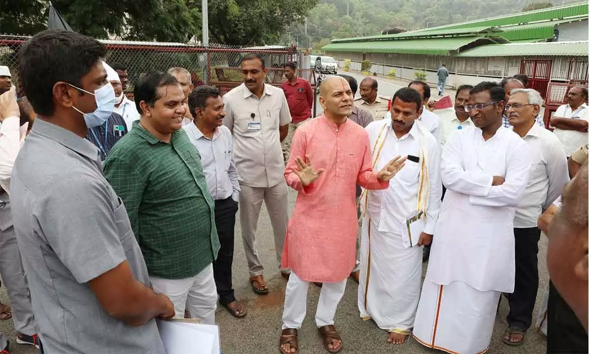 TTD Executive Officer Anil Kumar Singhal along with officials inspecting the additional arrangements for the 10-day Vaikunta Dwara Darshan at Tirumala on Monday