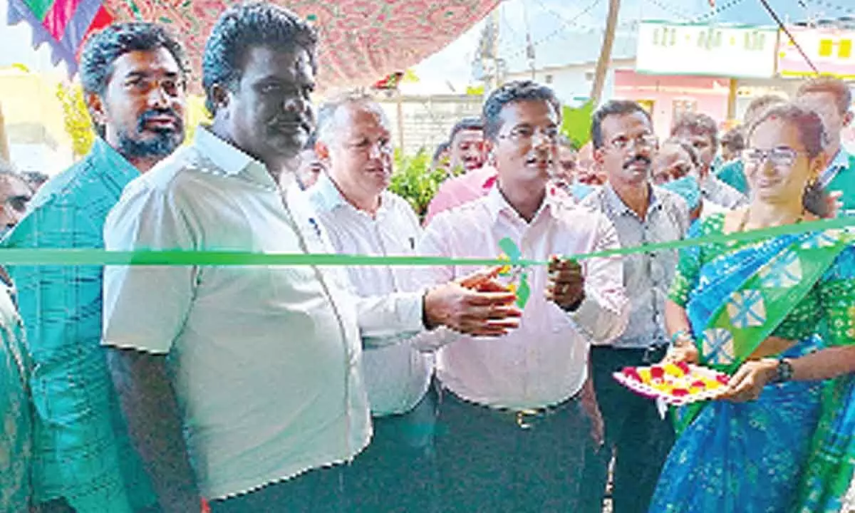 Prakasam District collector AS Dinesh Kumar inaugurating the building of Thalluru Ganga Sai Farmers Producers Company at Nagambotla Palem on Monday