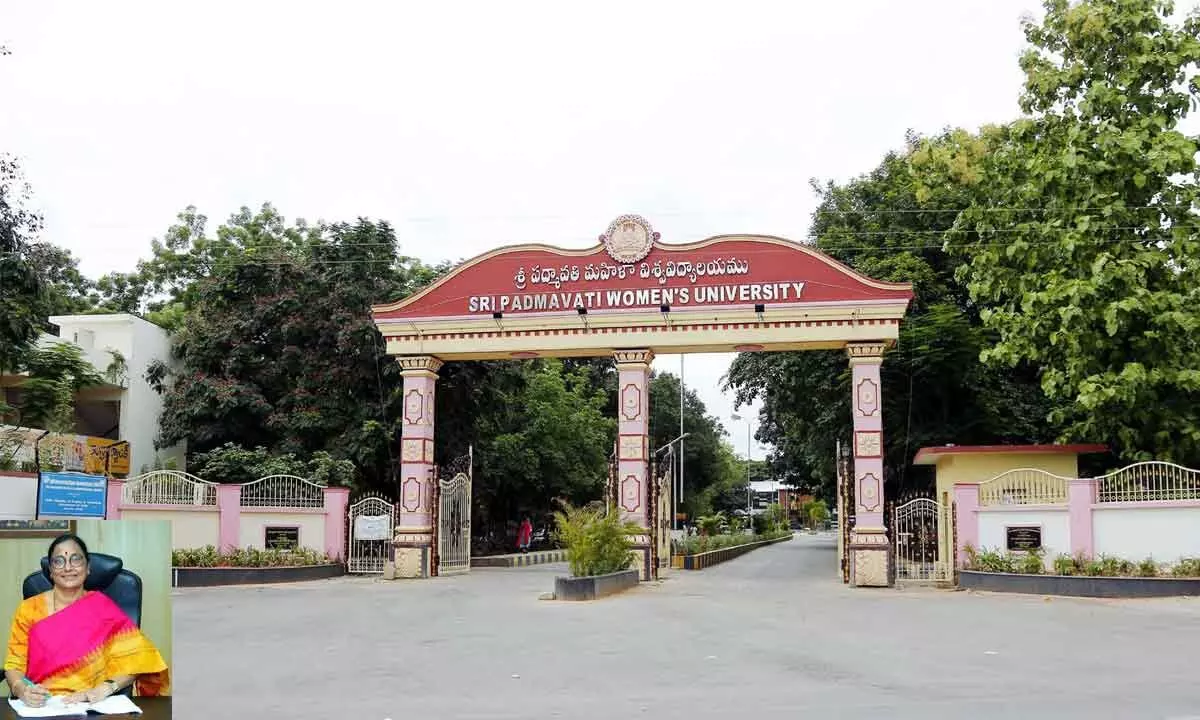 The main entrance of Sri Padmavati Mahila Visvavidyalayam.; vice Chancellor Prof D Jamuna.
