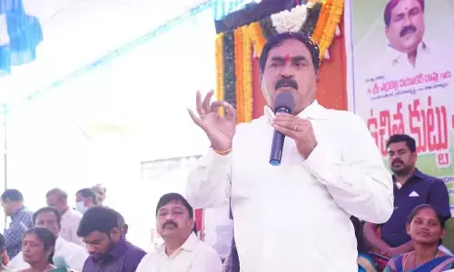 Minister for Panchayat RajErrabelli Dayakar Rao speaking at the inauguration of tailoring training programme at Palakurthi in Jangaon district on Monday