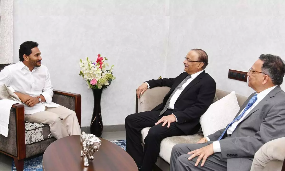 Prime Health Care Foundation chairman Dr Prem Sagar Reddy and Dr Prasad G Reddy call on Chief Minister Y S Jagan Mohan Reddy at his camp office in Tadepalli on Tuesday