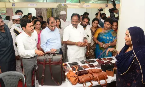 Deputy Chief Minister B Mutyala Naidu visiting at the All-India DWCRA Bazaar (SARAS) in Visakhapatnam on Tuesday