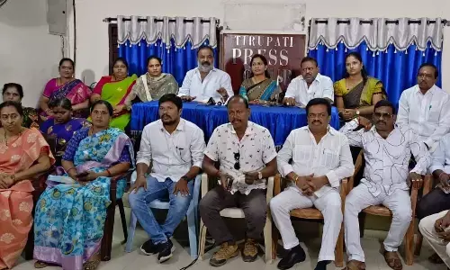 Tirupati Mayor Dr R Sirisha along with Deputy Mayor Mudra Narayana and corporators addressing the media in Tirupati on Tuesday