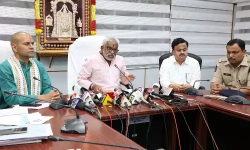 TTD chairman Y V Subba Reddy addressing media on Vaikunta Dwara Darshanam arrangements in Sri Venkateswara Swamy temple in Tirumala on Tuesday. EO Anil Kumar Singhal, Tirupati District Collector Venkataramana Reddy and SP  P Parameswar Reddy are also seen.