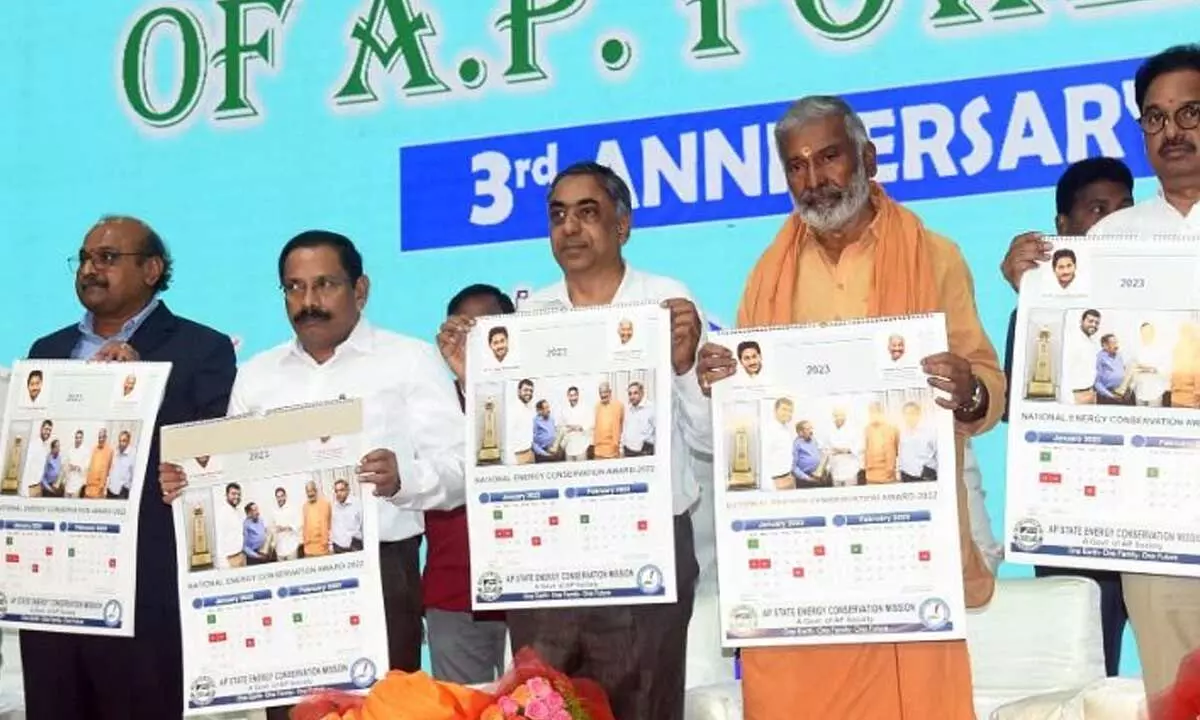 Energy and environment minister Peddireddi Ramachandra Reddy releasing New Year Calendars at APCPDCL annual celebrations in Vijayawada on Wednesday