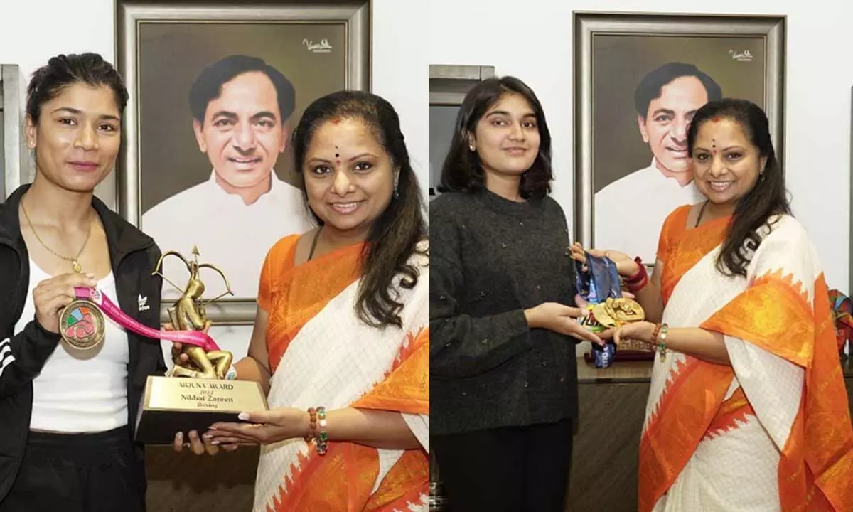 Kavitha felicitates Nikhat, Esha for bagging medals