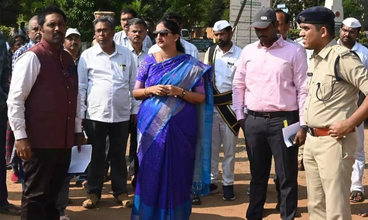District Collector Dr K Madhavi Latha and Joint Collector N Tej Bharat inspecting arrangements for the CM’s public meeting at Rajahmundry Arts College grounds, on Thursday