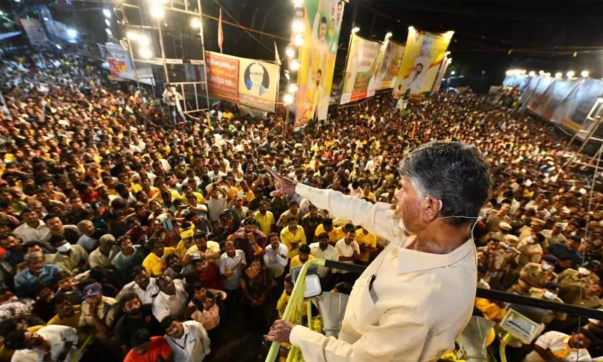 TDP national president N Chandrababu Naidu addressing a road show in Kovur in Nellore district on Friday