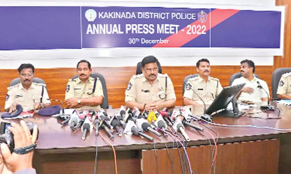 Superintendent of Police M Ravindranath Babu addressing the media at his office in Kakinada on Friday