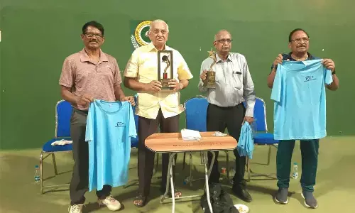 APLTA vice-president Dr K Pattabhi Ramaiah, Dr Rama Krishna, Radhakrishna and Mallikarjuna Rao unveiling trophies and T-shirts at IGMC Stadium in Vijayawada on Friday