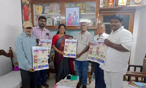 MP Vanga Geetha releasing “The Hans India” English Daily Calendar-2023 at Camp office in Kakinada on Saturday