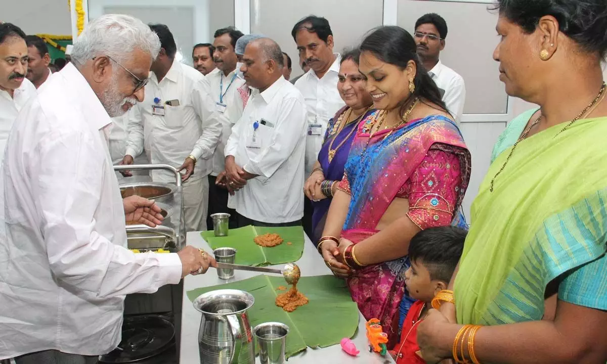 TTD Chairman Y V Subba Reddy serving food to devotees marking the inauguration of the second Anna Prasadam centre at Tirumala on Sunday