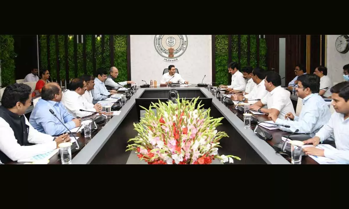 Chief Minister Y S Jagan Mohan Reddy chairs a meeting on housing with senior officials at his camp office in Tadepalli on Monday
