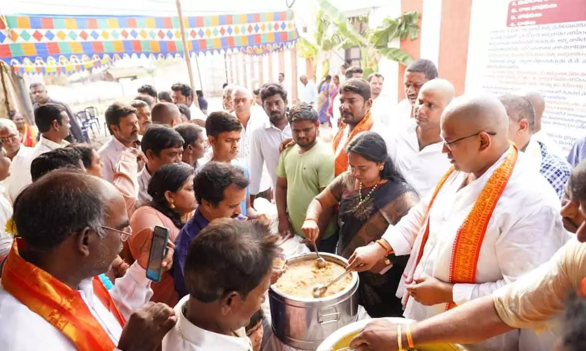 Rajanagaram  MLA Jakkampudi Raja launching prasadam distribution to devotees at Korukonda  Sri Lakshmi Narasimha Swamy temple on Monday