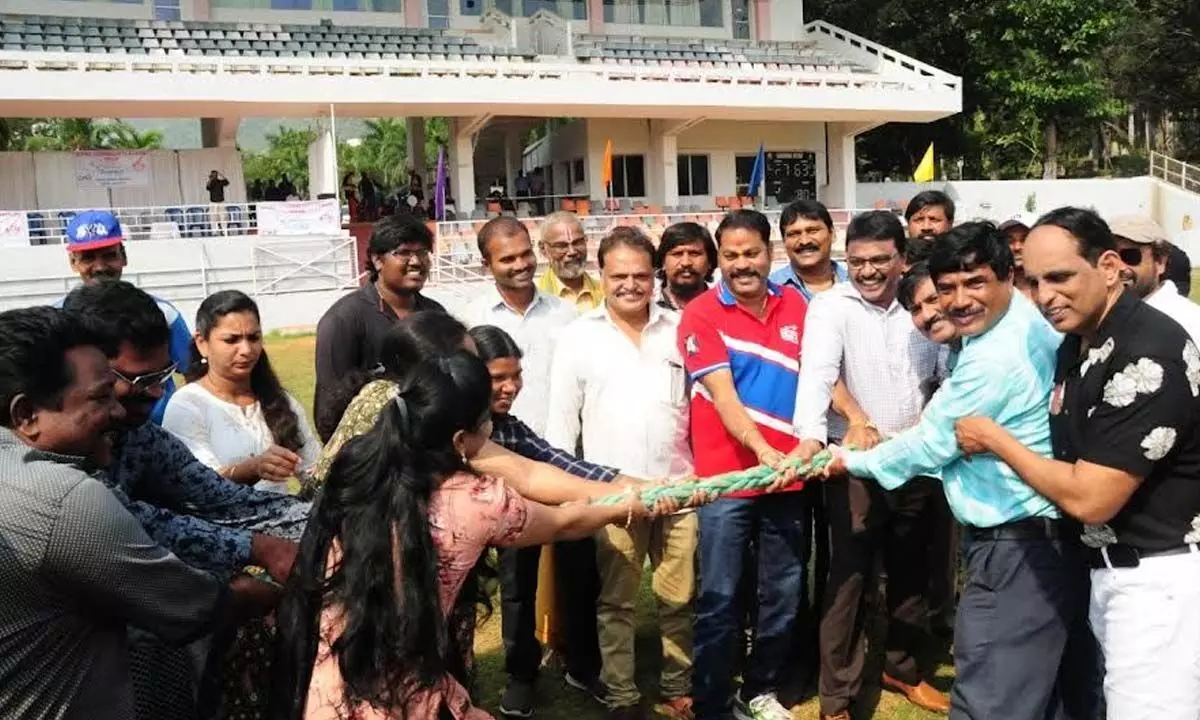 GVMC Commissioner P Raja Babu participating tug of war held in Visakhapatnam on Tuesday