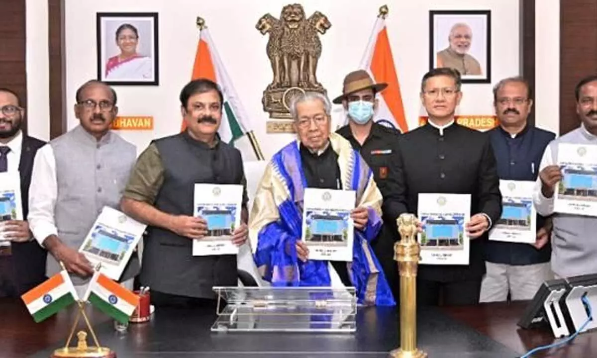 APPSC chairman D Gautam Sawang and members of the commission submit Annual Report of the commission for the year 2021-2022 to Governor Biswabhusan Harichandan at Raj Bhavan in Vijayawada on Tuesday