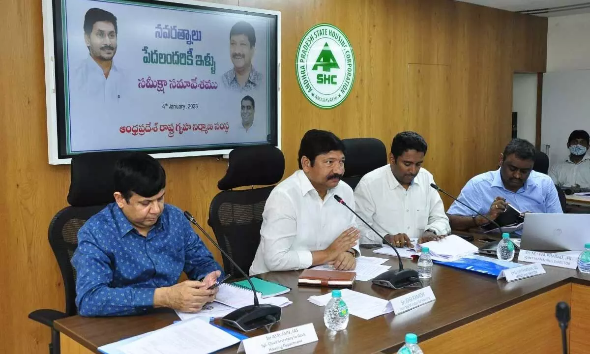 Housing Minister Jogi Ramesh addressing officials at a meeting in Vijayawada on Wednesday