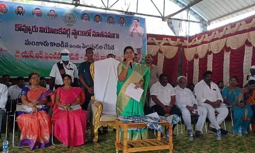 Home Minister Taneti Vanitha speaking at the pension enhancement week celebrations in Kovvur on Wednesday