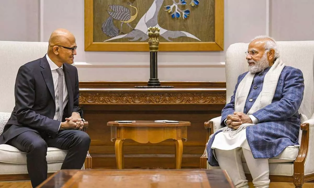Prime Minister Narendra Modi in a meeting with Microsoft CEO Satya Nadella, in New Delhi on Thursday