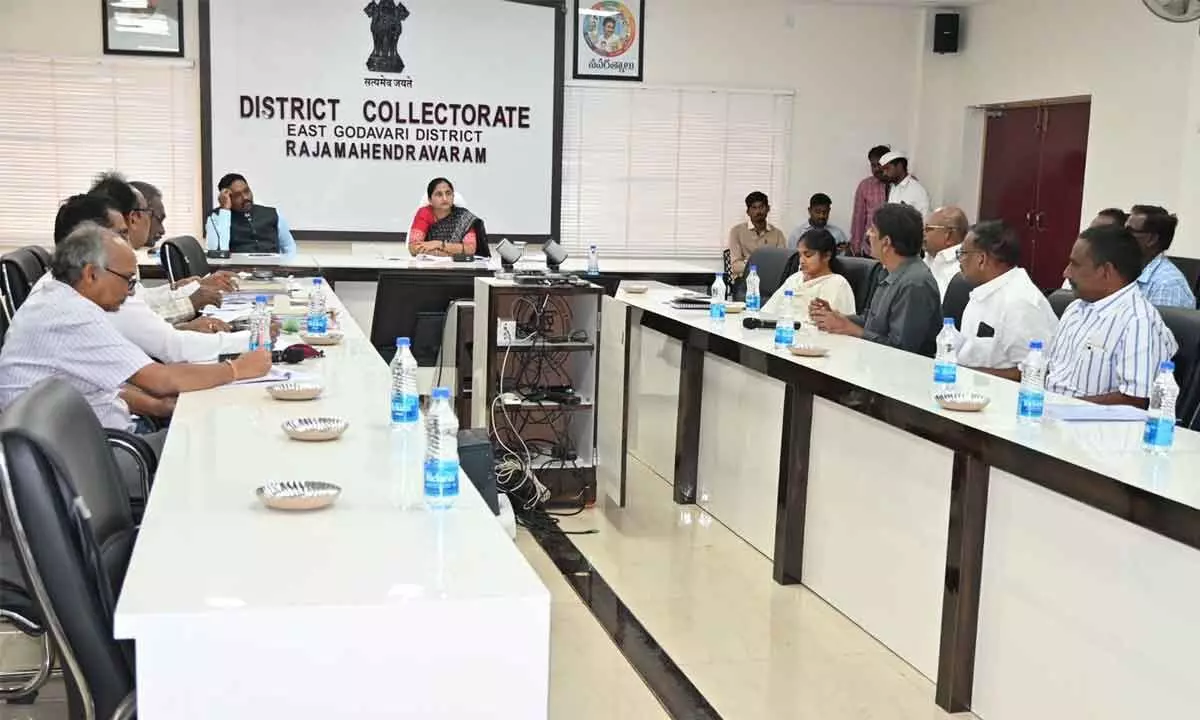 District Collector Dr K Madhavi Latha holding a review meeting on sand reaches with district officials at the Collectorate in Rajamahendravaram on Thursday