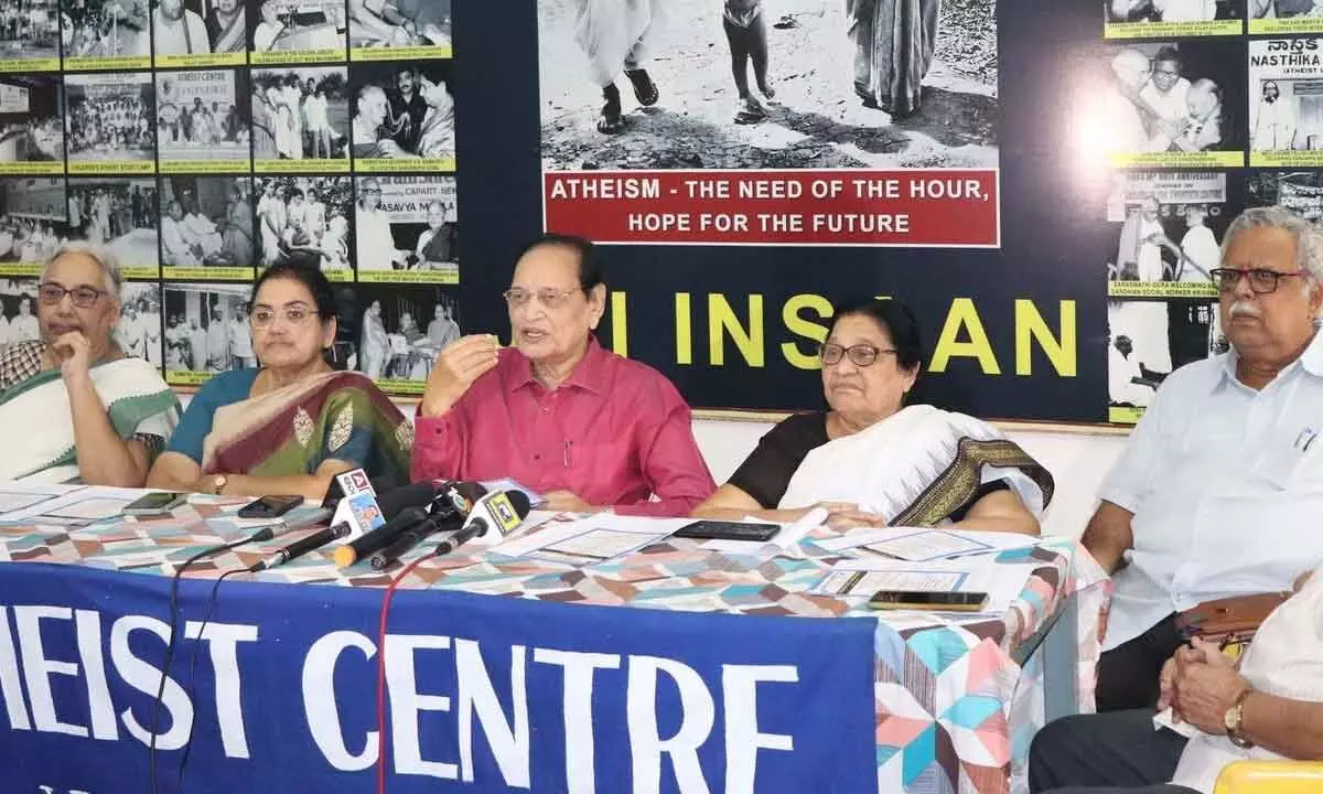 Atheist Centre Director Dr G Samaram, G Rashmi, Dr G Maru, Hari Subrahmanyam and Niyanta addressing the media at Atheist Centre in Vijayawada on Thursday