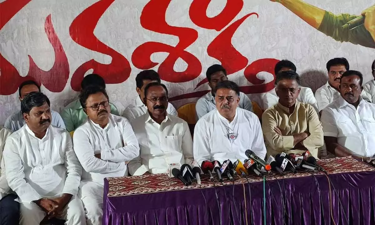 Jana Sena Party Political Affairs Committee chairman Nadendla Manohar addressing the media in Visakhapatnam on Thursday