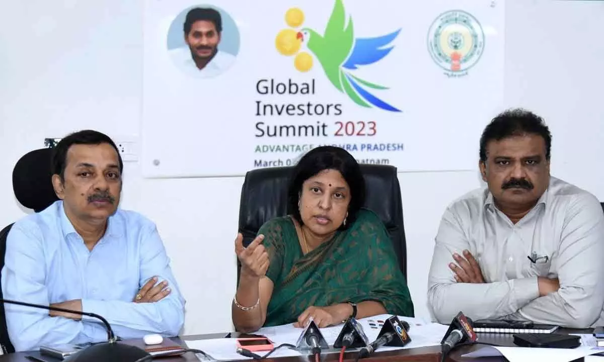 Special Chief Secretary (Municipal Administration) Srilakshmi and Special Chief Secretary (Tourism and Culture) Rajat Bhagava (left) holding a meeting at the Secretariat at Velagapudi on Friday on the arrangements for the G-20 Summit in Visakhapatnam. I & PR Commissioner T Vijay Kumar Reddy is also seen.