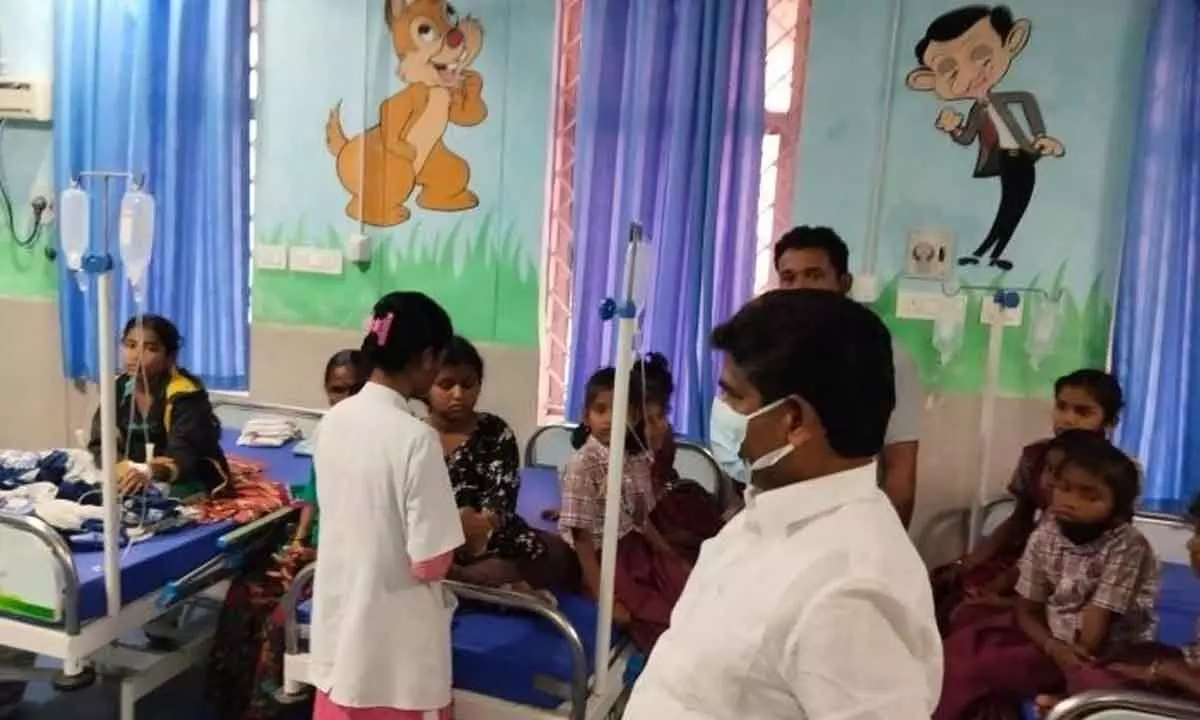 Around 45 sick students of Gollapally Govt Primary School undergoing treatment at the government hospital at Yellareddypet mandal in Sircilla district on Friday