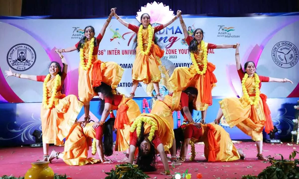 Sri Padmavati Mahila University students performing folk tribal dance on ‘Ganga Jatara’ theme at 36th Inter University South Zone Youth Festival in Tirupati on Friday­