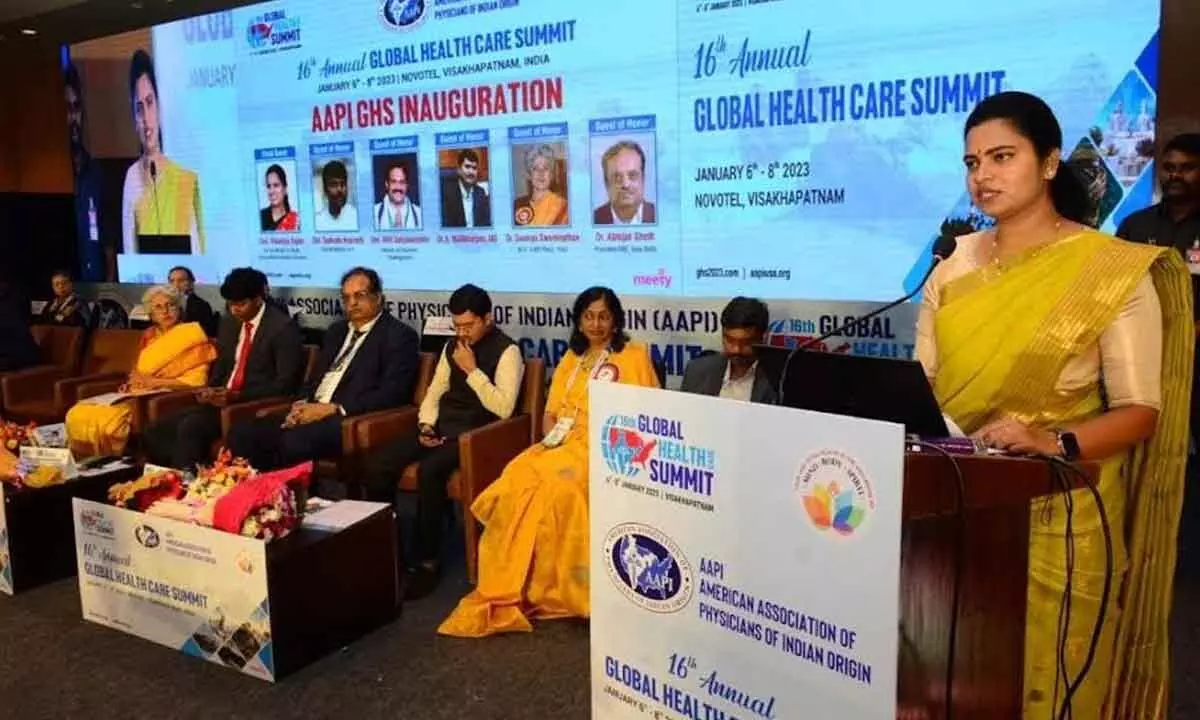 Minister of Health Vidadala Rajini speaking at 16th Global Healthcare Summit in Visakhapatnam on Friday