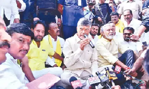 TDP national president N Chandrababu Naidu speaking during a sit-in protest at Gudupalle of Kuppam constituency on Friday