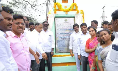 Roads and Buildings Minister V Prasanth Reddy with Transport Minister Puvvada Ajay Kumar after laying foundation stone for various development works in Palair on Friday