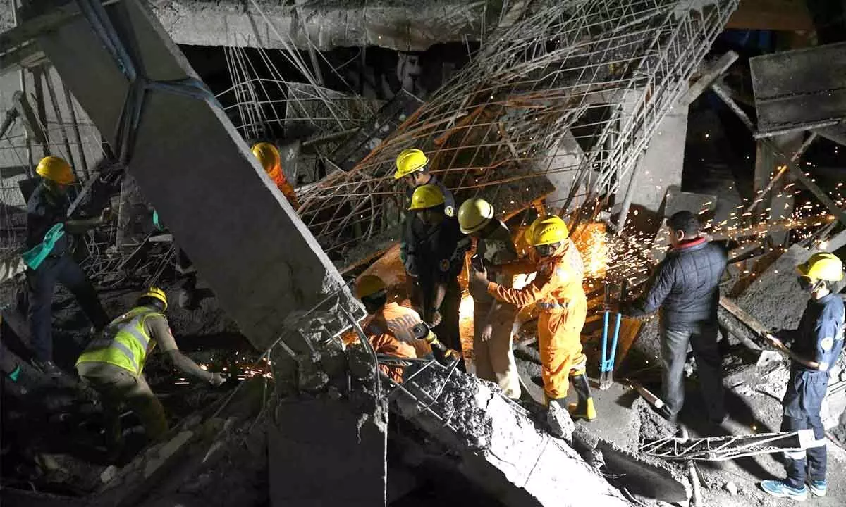 Disaster Response Force of GHMC take up rescue operations at the collapse site in Kukatpally on Saturday