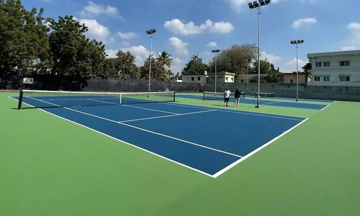 Newly developed three synthetic tennis courts at Sardar Patel Stadium in Khammam.