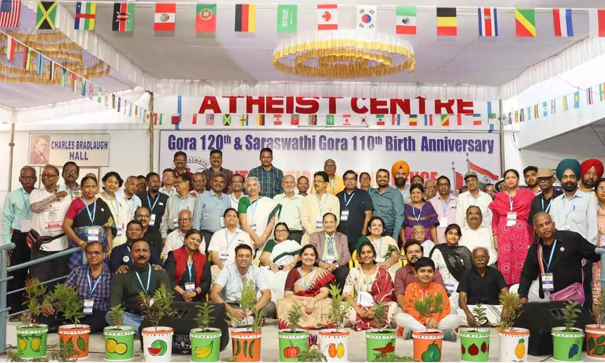Participants at the international conference held t Atheist Centre in Vijayawada on Sunday