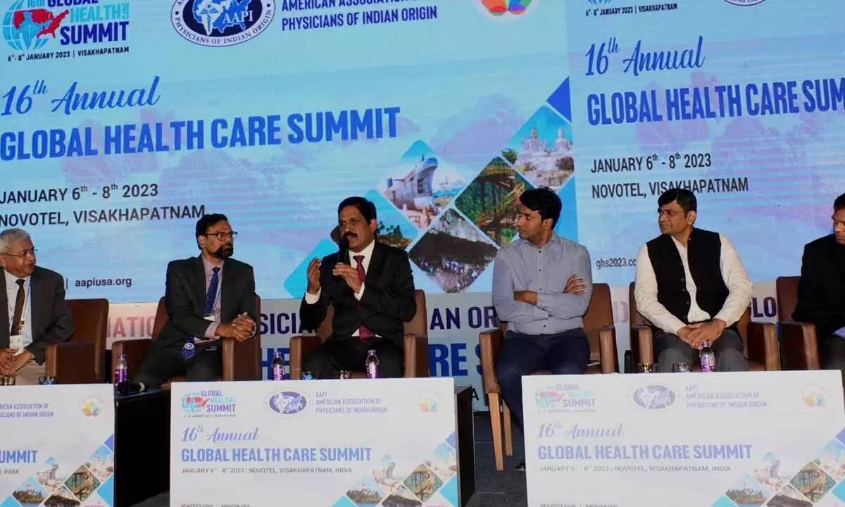 Principal Secretary (Health, Medical and Family Welfare) MT Krishna Babu speaking at the valedictory of the 16th annual Global Health Care Summit in Visakhapatnam on Sunday