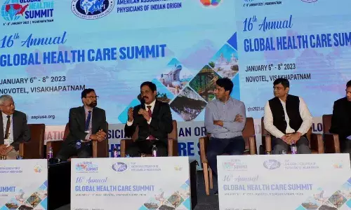 Principal Secretary (Health, Medical and Family Welfare) MT Krishna Babu speaking at the valedictory of the 16th annual Global Health Care Summit in Visakhapatnam on Sunday