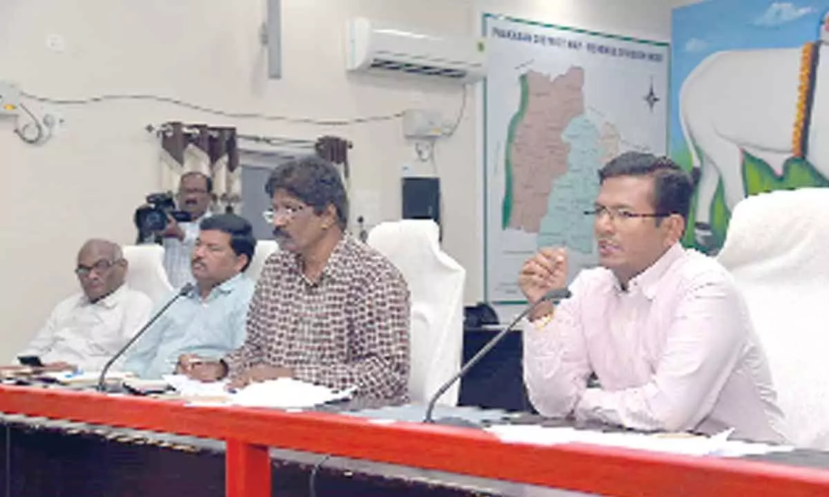 District Collector AS Dinesh Kumar speaking at a review meeting on Jagananna Palavelluva scheme in Ongole on Monday