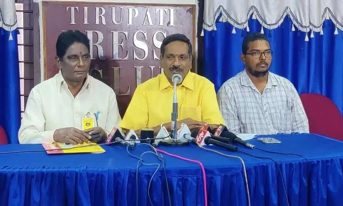 TDP Tirupati parliamentary president G Narasimha Yadav addressing media in Tirupati on Monday