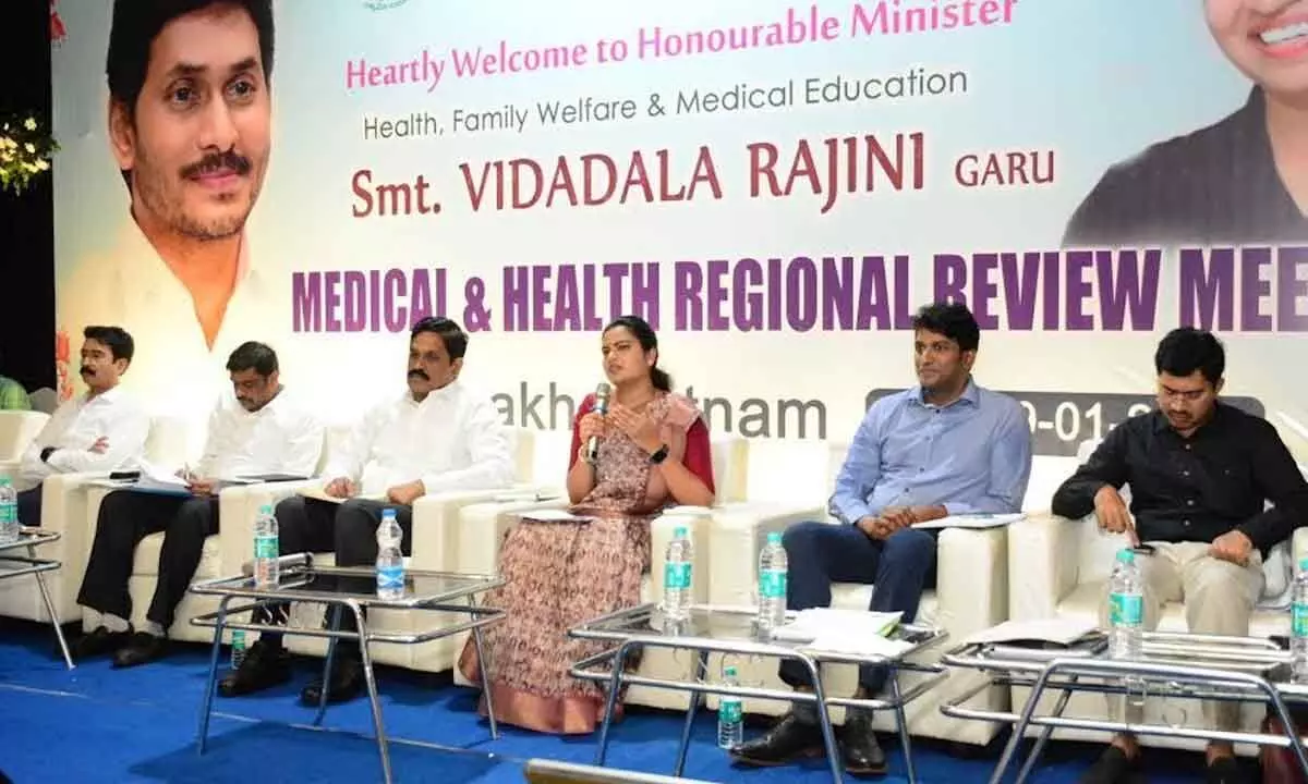 Minister of Health, Family Welfare and Medical Education and District In-charge Vidadala Rajini speaking at a review meeting in Visakhapatnam on Monday