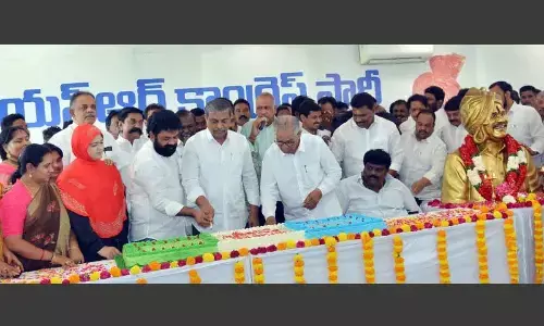 YSRCP general secretary and government advisor (public affairs) Sajjala Ramakrishna Reddy along with MLCs Ummareddy Venkateswarlu, Lella Appi Reddy and Bapatla MP Nandigam Suresh cut a cake to mark the 4th anniversary of conclusion of YS Jagan Mohan Reddy’s Praja Sankalapa Yatra at the party central office on Monday