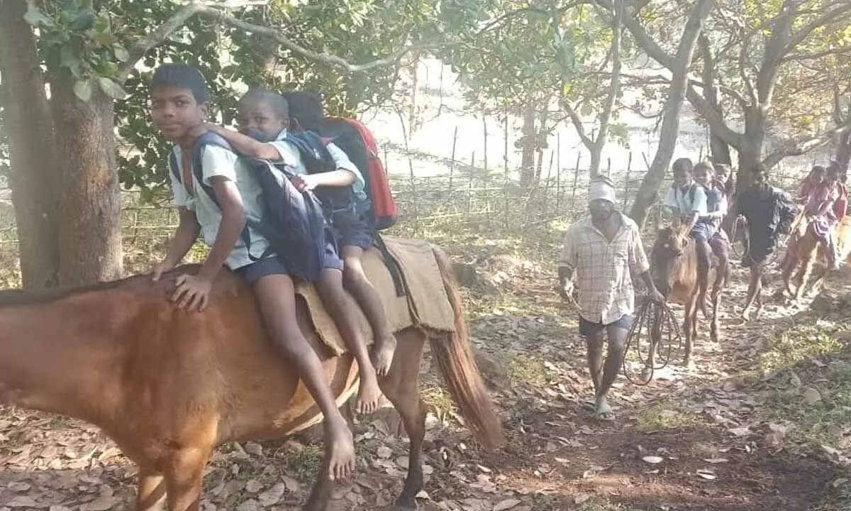 Children mounting on a horse to reach school at Neredubanda village