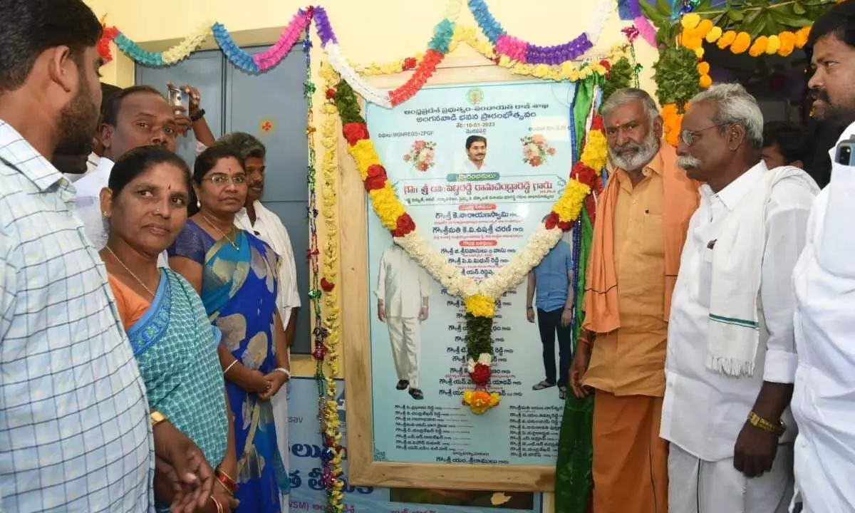 Energy Minister P Ramachandra Reddy inaugurating Anganwadi building at Moravapalli village in Chittoor district on Tuesday