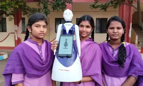 Y Jessica, K Reshma Bindu and K Varshini Priyanka from Dr BR Ambedkar Gurukulam-Centre of Excellence with their innovation.