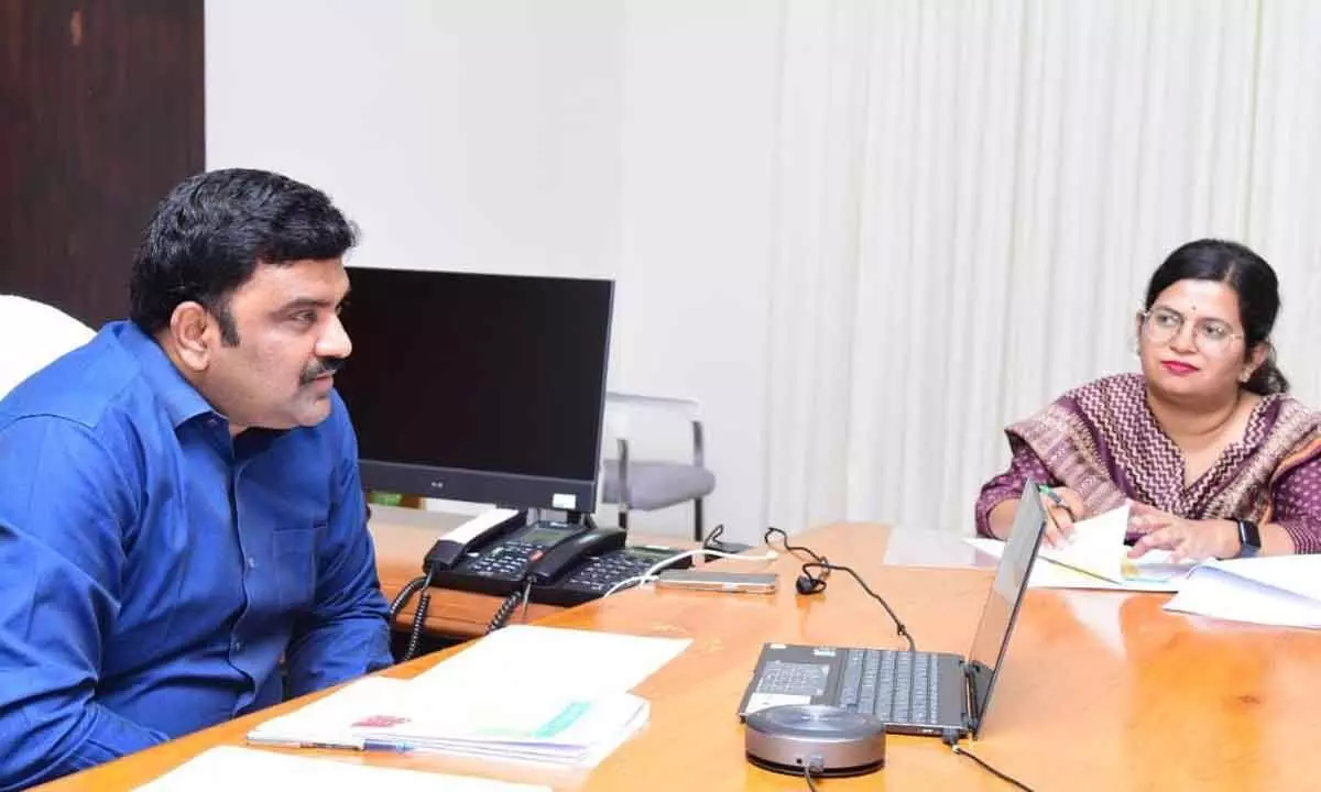 Krishna District Collector P Ranjith Basha participating in a videoconference conducted by CCLA G Sai Prasad on Thursday