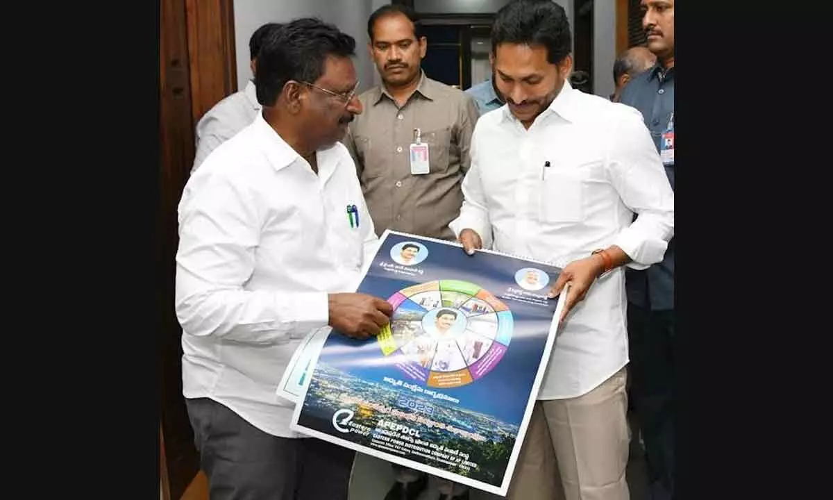CMD of APEPDCL K Santhosha Rao explaining the details of the ‘Navaratnalu’ encased in the calendar of APEPDCL to  Chief Minister YS Jagan Mohan Reddy
