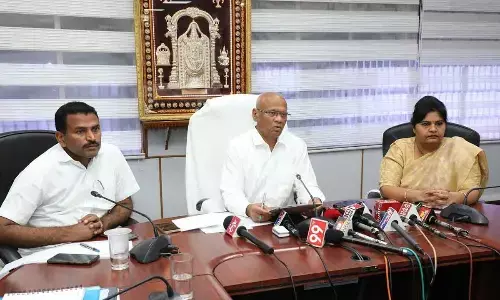 TTD EO AV Dharma Reddy along with other officials speaks to media on increase in rentals of accommodation, at Tirumala on Thursday